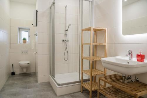 y baño con ducha, lavabo y aseo. en esports house Germany en Gladbeck