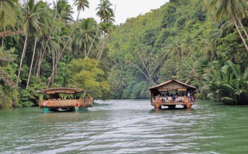 two boats on a river with palm trees at Bohol White House Bed & Breakfast in Lila
