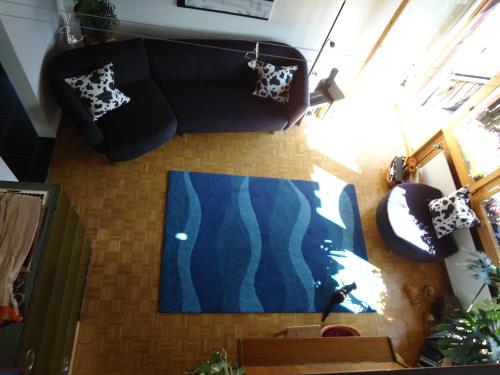 Ferienwohnung Paradiesli في هاسليبرغ: غرفة معيشة مع أريكة وسجادة زرقاء