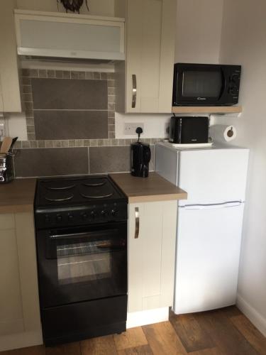 a kitchen with a black stove and a microwave at Little Owl Self Catering in Little Barningham