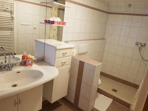 ein Bad mit einem Waschbecken und einer Dusche in der Unterkunft Ferienwohnung 2 in Nähe der Ostsee in Grevesmühlen