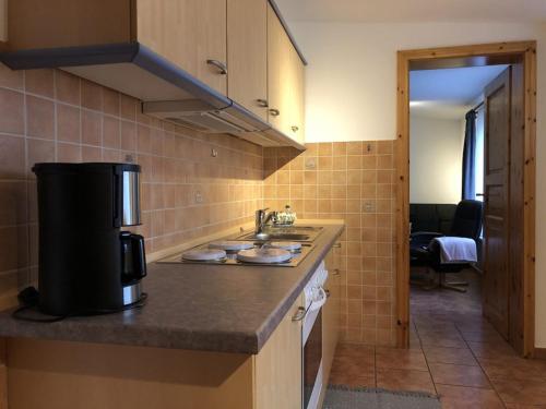 a kitchen with a sink and a coffee maker on a counter at Ferienwohnungen Camping SPO OHG in Sankt Peter-Ording