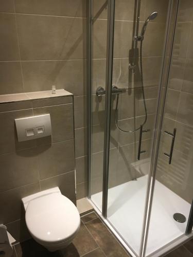 a bathroom with a shower and a toilet at Hotel Restaurant Am Kring in Vreden