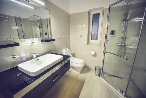 a bathroom with a sink and a shower and a toilet at Vila Darimar Chișoda in Chişoda