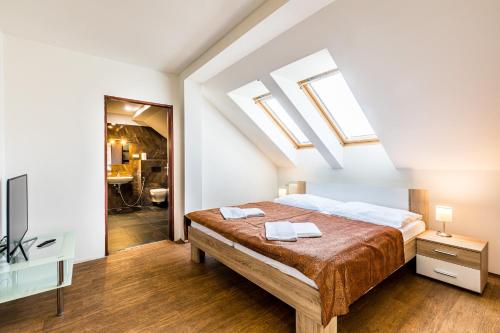 a bedroom with a bed and skylights at Teplice Apartments Dlouhá in Teplice