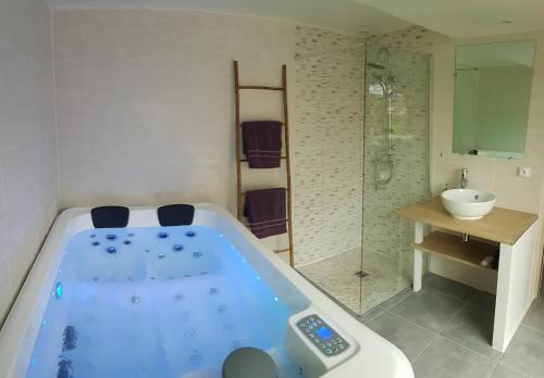 une salle de bain avec une baignoire, un lavabo et une douche dans l'établissement La Bulle, à Saint-Maurice