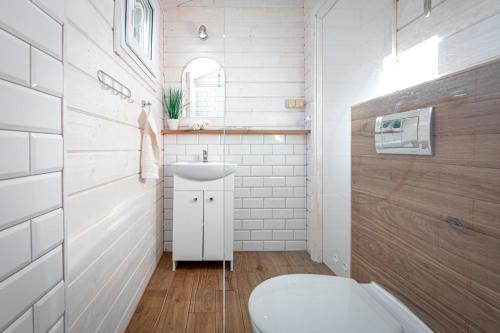 ein Badezimmer mit einem weißen Waschbecken und einem WC in der Unterkunft Chłopy Beach Resort in Chłopy