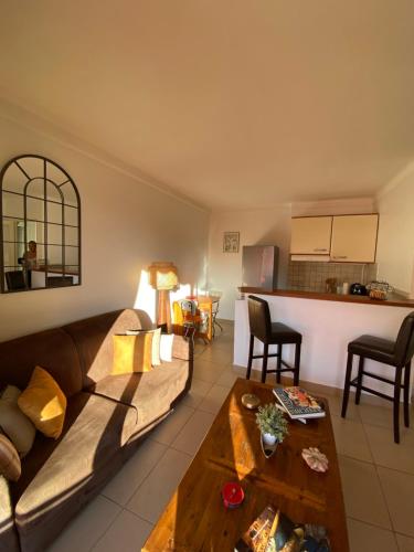un salon avec un canapé et une table dans l'établissement Charmant 2 Pièces Vue sur Mer et MONTE-CARLO à ROQUEBRUNE CAP MARTIN, à Roquebrune-Cap-Martin