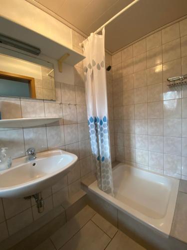 uma casa de banho com um lavatório e uma banheira em Holzhaus "Miri" em Pirna