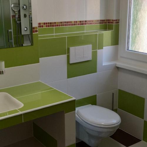 a green and white bathroom with a toilet and a sink at Šenk U Kovárny in Mariánské Lázně