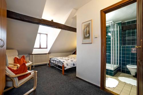 a room with a bathroom with a bed and a shower at Penzion Landauer in Český Krumlov
