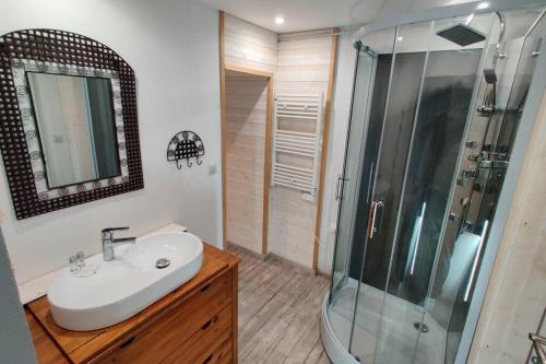 uma casa de banho com um lavatório e um chuveiro em COTE VACANCES em Chaumont