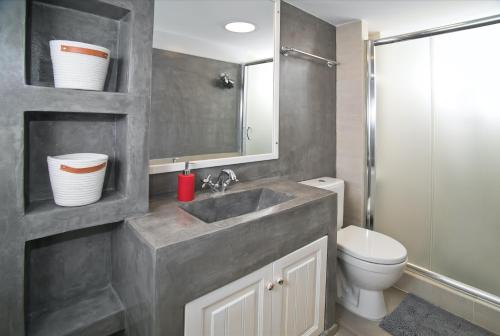 uma casa de banho com um lavatório, um WC e um espelho. em Scaleri Port Home em Calímnos