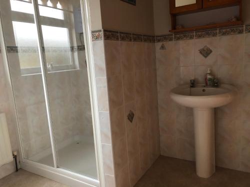 a bathroom with a shower and a sink at Moneydarragh Cottage with uninterrupted mountain and sea views- Hot tub available for hire in Annalong