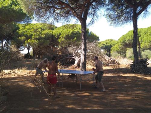 three men playing ping pong on a ping pong table at miCielo - Baumhäuser in Vejer de la Frontera