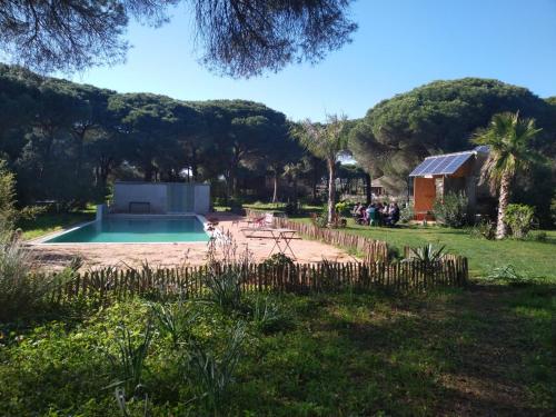 un patio trasero con piscina y árboles en miCielo - Baumhäuser, en Vejer de la Frontera