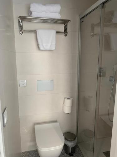 a bathroom with a toilet and a shower with towels at Nerja Casual Rooms in Nerja