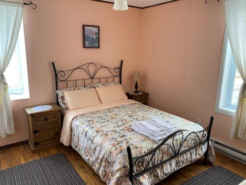 a bedroom with a bed and two windows at Gîte Aux Traditions in Saint-Jean-des Piles