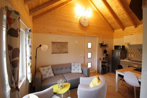 un salon avec un canapé et une cuisine dans l'établissement Le Chalet Lelio, à Saint-Maurice