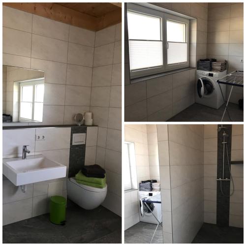 two pictures of a bathroom with a sink and a washing machine at Ferienwohnung Reitanlage Winterhalder in Rielasingen-Worblingen