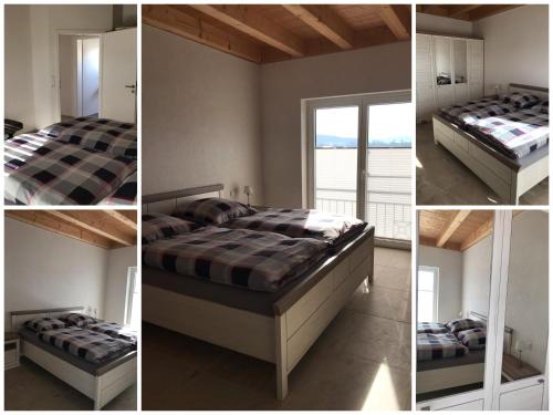 cztery obrazy sypialni z łóżkiem i oknem w obiekcie Ferienwohnung Reitanlage Winterhalder w mieście Rielasingen-Worblingen