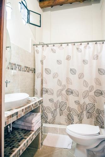 a bathroom with a toilet and a shower curtain at Hotel Casa de las Fuentes in Antigua Guatemala