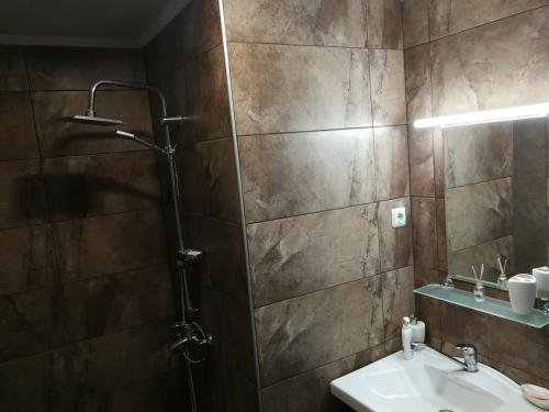 La salle de bains est pourvue d'une douche et d'un lavabo. dans l'établissement Къща за гости Casa Blanca, à Targovichté