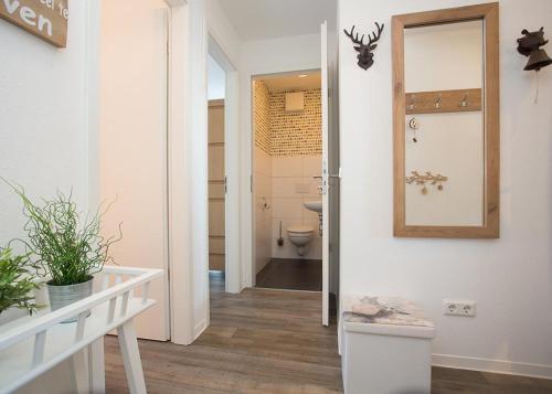 a bathroom with a toilet and a mirror at Ferienwohnung Panoramablick Postwiese in Winterberg-Neuastenberg in Winterberg