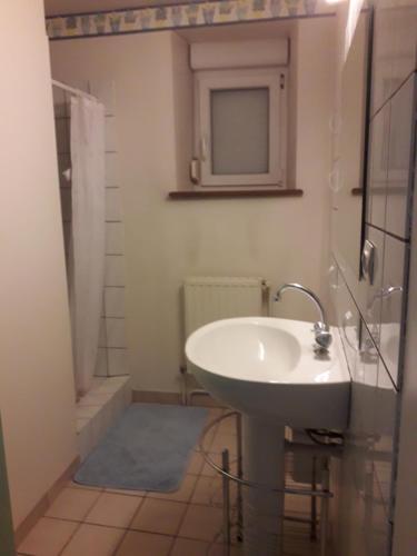 y baño con lavabo blanco y ducha. en Hébergement François Mathieu en Saint-Maurice-sur-Moselle