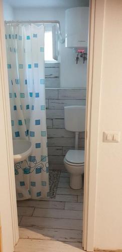 a bathroom with a toilet and a shower curtain at Blue Living-Borgo Antico in Marciana Marina
