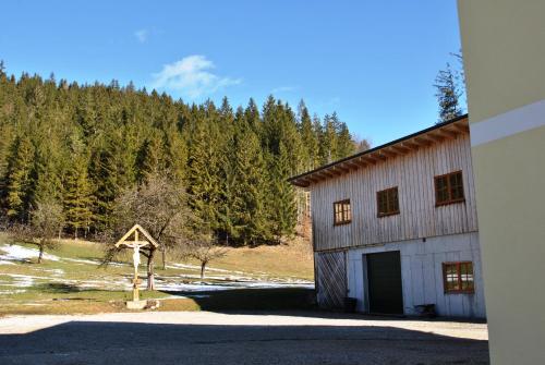 a barn with a mountain in the background at Ferienwohnung Leitner in Lunz am See