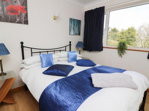 a bedroom with two beds with blue pillows and a window at Blaenywawr Annexe in Cross Inn