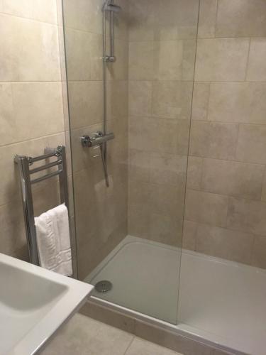 a shower with a glass door next to a sink at Old Court Hotel & Apartments in Symonds Yat