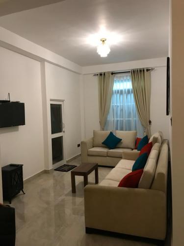 a living room with a couch and a tv at Regal Rose Luxury Holiday Apartments in Nuwara Eliya
