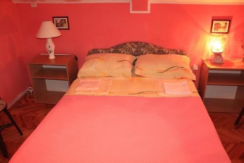 a red bedroom with a bed with two night stands at Gajanovic Rooms in Donji Milanovac