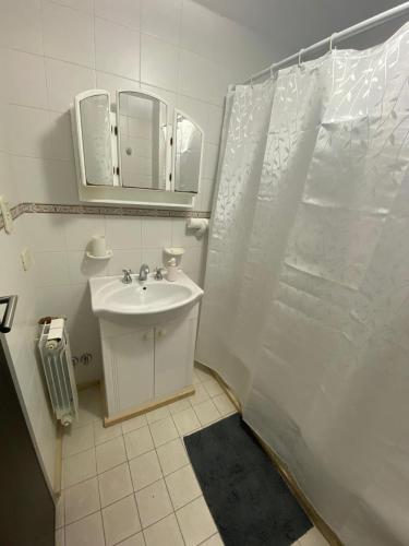 a bathroom with a sink and a shower curtain at Luxury Appart in Salta
