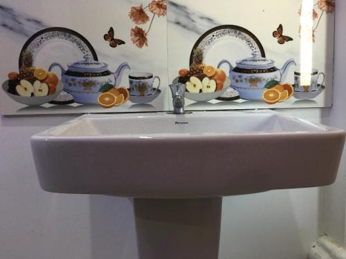 a white sink in a bathroom with butterflies on a shelf at Kvm Tourist Home in Palakkad