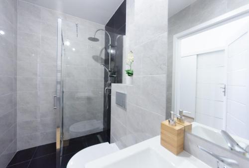 a bathroom with a shower and a toilet and a sink at Apartament Mickiewicza in Wadowice