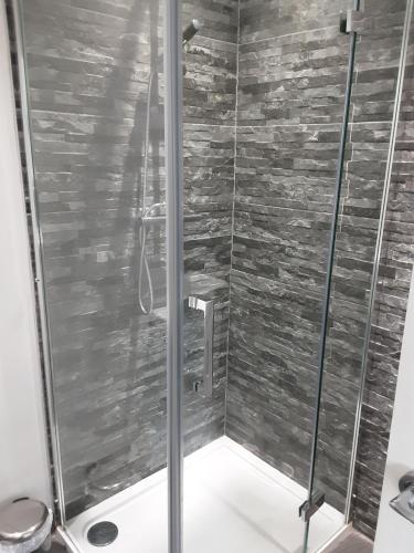 y baño con ducha y puerta de cristal. en Esplanade Seaside View Apartment en Porthcawl