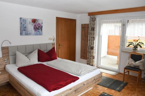 a bedroom with a bed with red pillows and a window at Ferienwohnung Dreer in Hofen