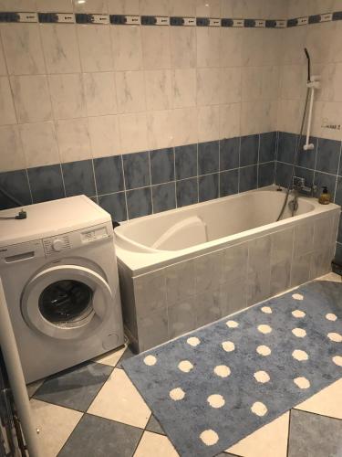 une salle de bain avec un lave-linge et une baignoire dans l'établissement gite des jardiniers, à Fumay