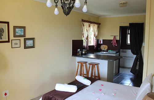 um quarto com uma cama e uma cozinha com um lavatório em Goblin's Inn em Stompneusbaai