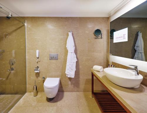 a bathroom with a sink and a toilet and a shower at Anemon Kent Ankara Otel in Ankara