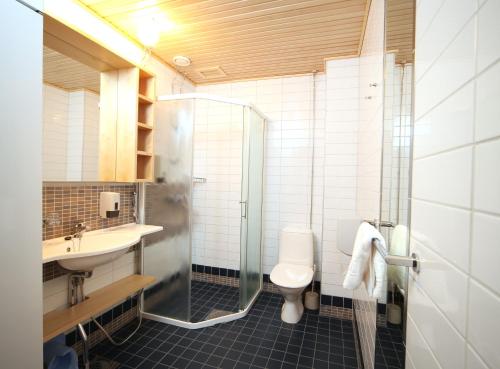 a bathroom with a sink, toilet, and shower stall at Levi Hotel Spa in Levi