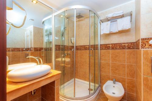 a bathroom with a shower and a sink and a toilet at Hotel Bellevue Esztergom in Esztergom
