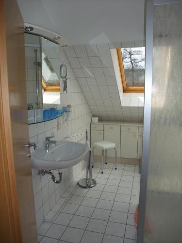 a bathroom with a sink and a mirror at Ferienhaus Hubertus in Elend mit Balkons in Elend