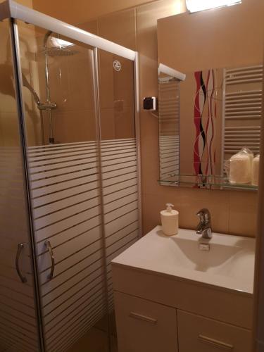 a bathroom with a sink and a shower with a mirror at Szent István Wellness Panzió in Makó