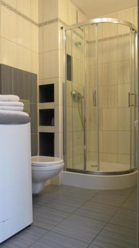 a bathroom with a shower and a toilet at Gdynia, odpocznij od zgiełku in Gdynia