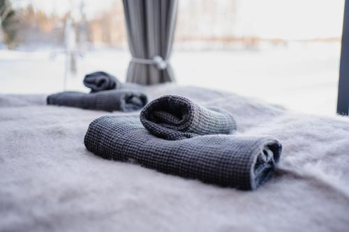 ロヴァニエミにあるOllero Eco Lodge (including a glass igloo)のベッドの上に座ってタオルを2枚