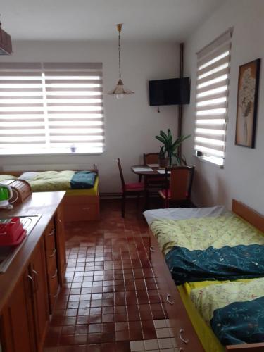 - une chambre avec 2 lits et une table dans l'établissement Apartman Ema, à Sloup